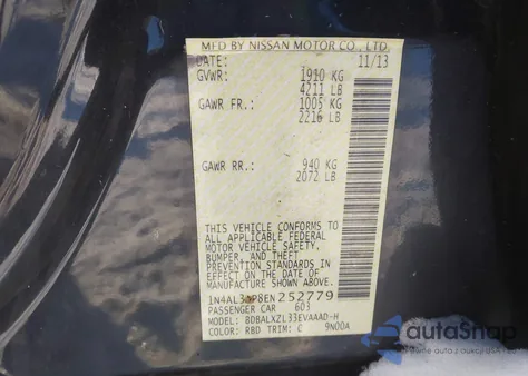 2014 Nissan Altima 2.5 Sl z USA, uszkodzony, nr VIN 1N4AL3AP8EN252779